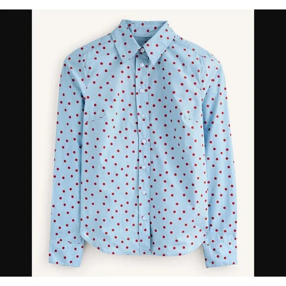 Boden Sienna Shirt 10 US Blue Red Polka Dot Button Up Cotton Classic Long Sleeve - Picture 3 of 13